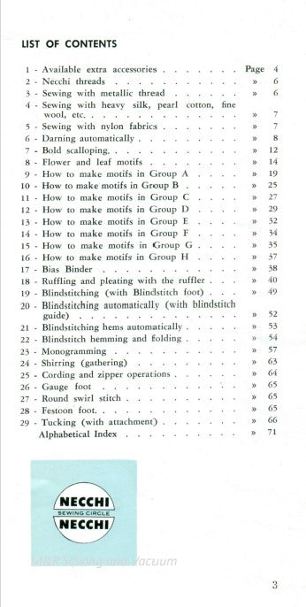 Instruction Manual, Supplementary, Necchi