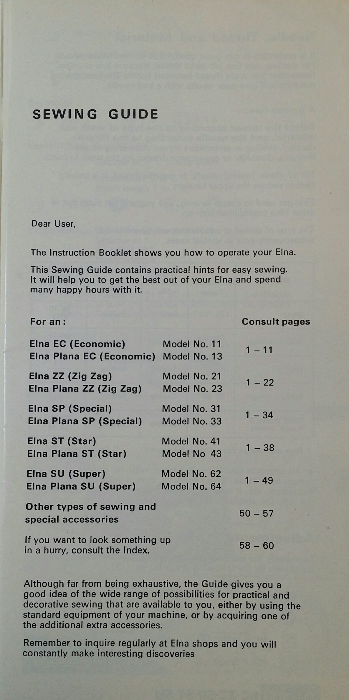 Elna 11, 13, 21, 23, 31, 33, 41, 43, 62, 64 Instruction Book